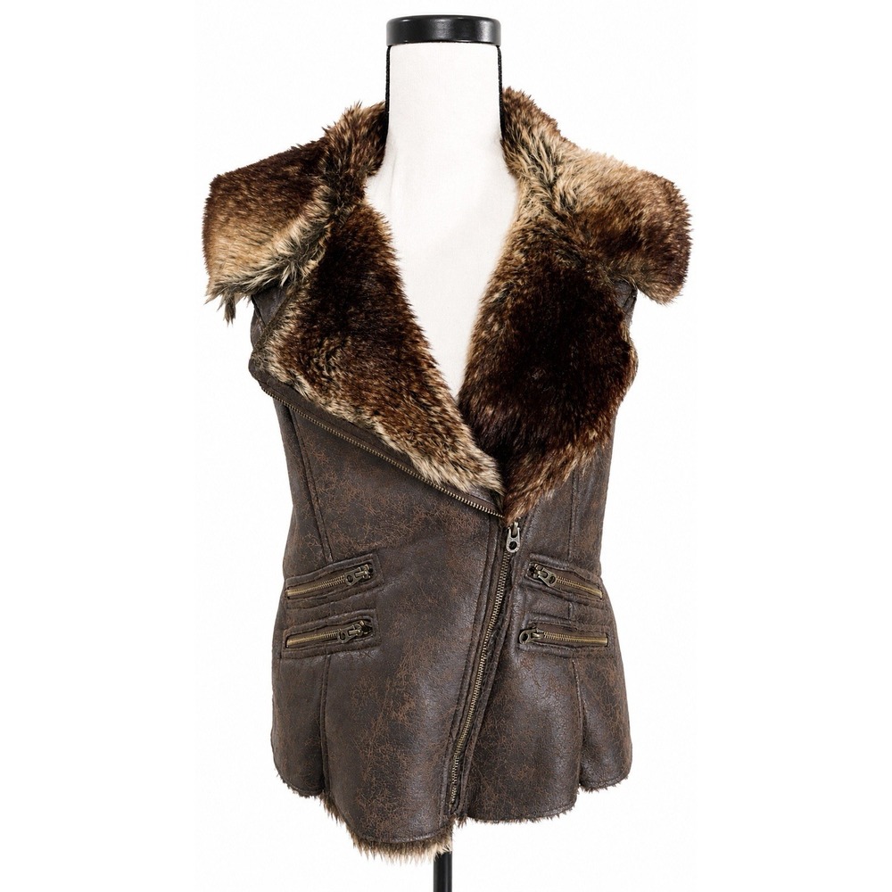 Members Only Faux Fur Sherpa Moto Vest Brown Zip Y2K Biker Style Womens Medium M